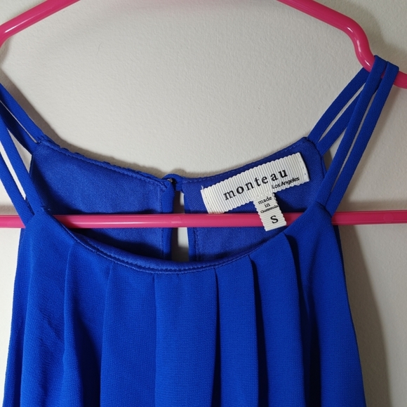 Monteau Sz Small Royal blue Sleeveless halter Top Blouse  Pleated High Collar - Picture 6 of 7